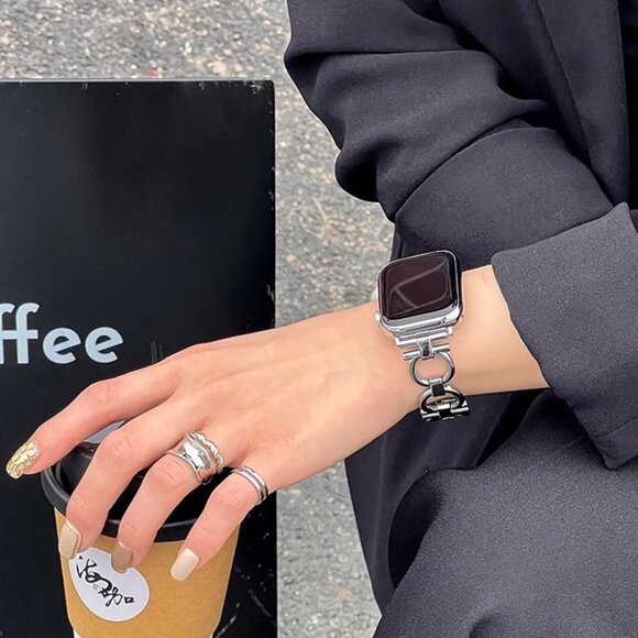 Apple Watch Band Adjustable Stylish Circle Silver Stainless Chain Band - Silver - Picture 2 of 4